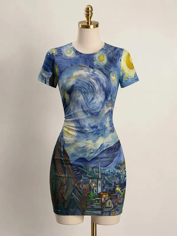 Womens Short Sleeve Bodycon Mini Dress Slim Fit Crew Neck Floral Print Casual Summer Party Cute Elegant Brunch Vacation Sundress