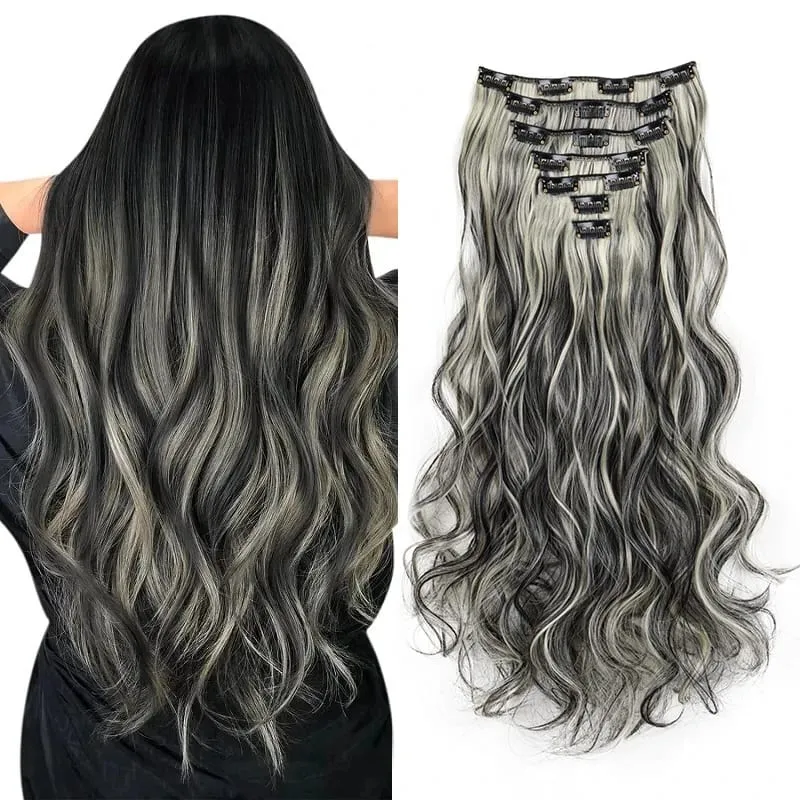 24Inch Synthetic Long Wavy Curly Hair Extension 7pcs/set Soft Invisible Cilp Thick Fluffy Hairpiece for Women Daily Use