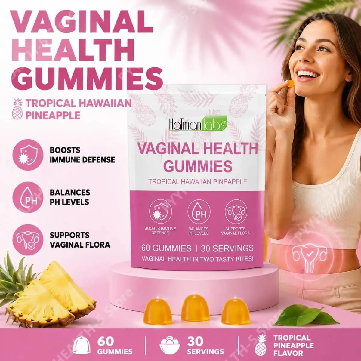 HalmanLabs Vaginal Health Gummies with Probiotics and Vitamin C Balances PH Levels and Supports Vaginal Flora - 60 Gummies