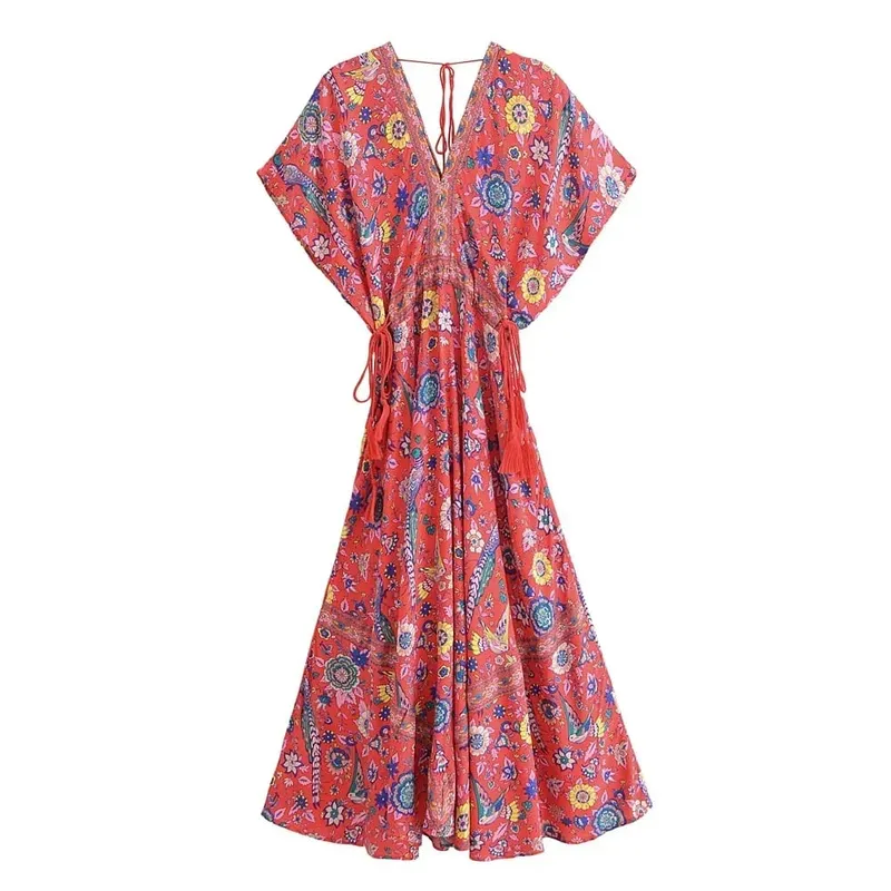 Boho Queens Wanita Merak Bunga Cetak Lengan Kelawar Pantai Bohemian Maxi Gaun Wanita V Leher Rumbai Gaun Musim Panas Vestidos