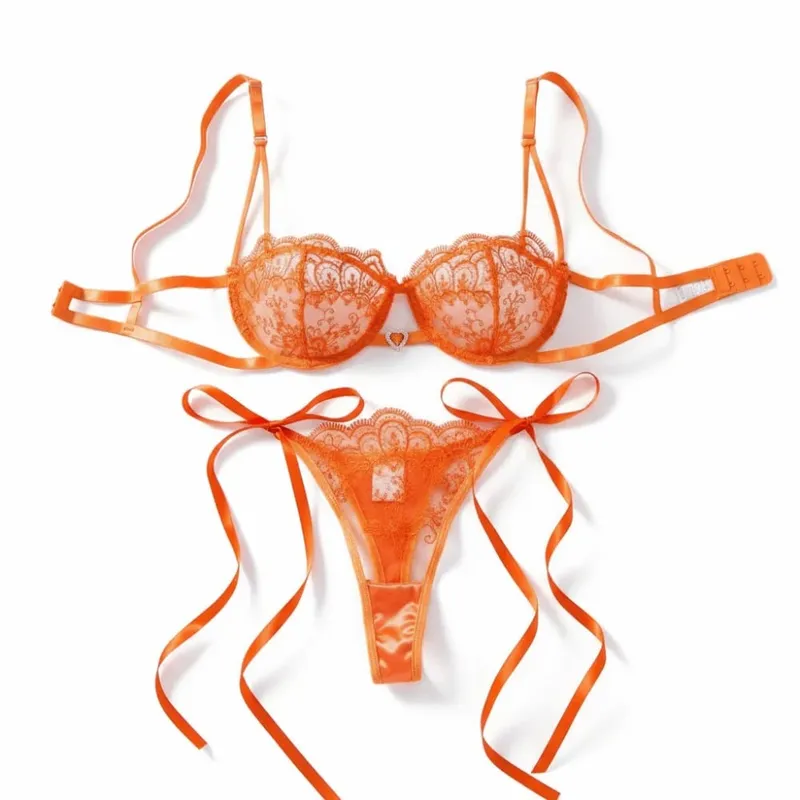 Elegant Floral Embroidery Lace Lingerie Set Lace-up Hollowed-out Thong Bra Suit Mesh Transparent Ultra-thin Underwear Sets Lady