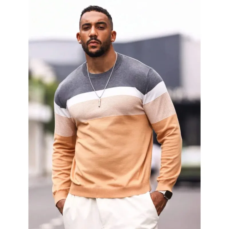 Fashion Autumn Casual Men's Sweater Round Neck Striped Slim Fit Knittwear Men's Sweaters Comfortable Pullovers Men Sweatshirt