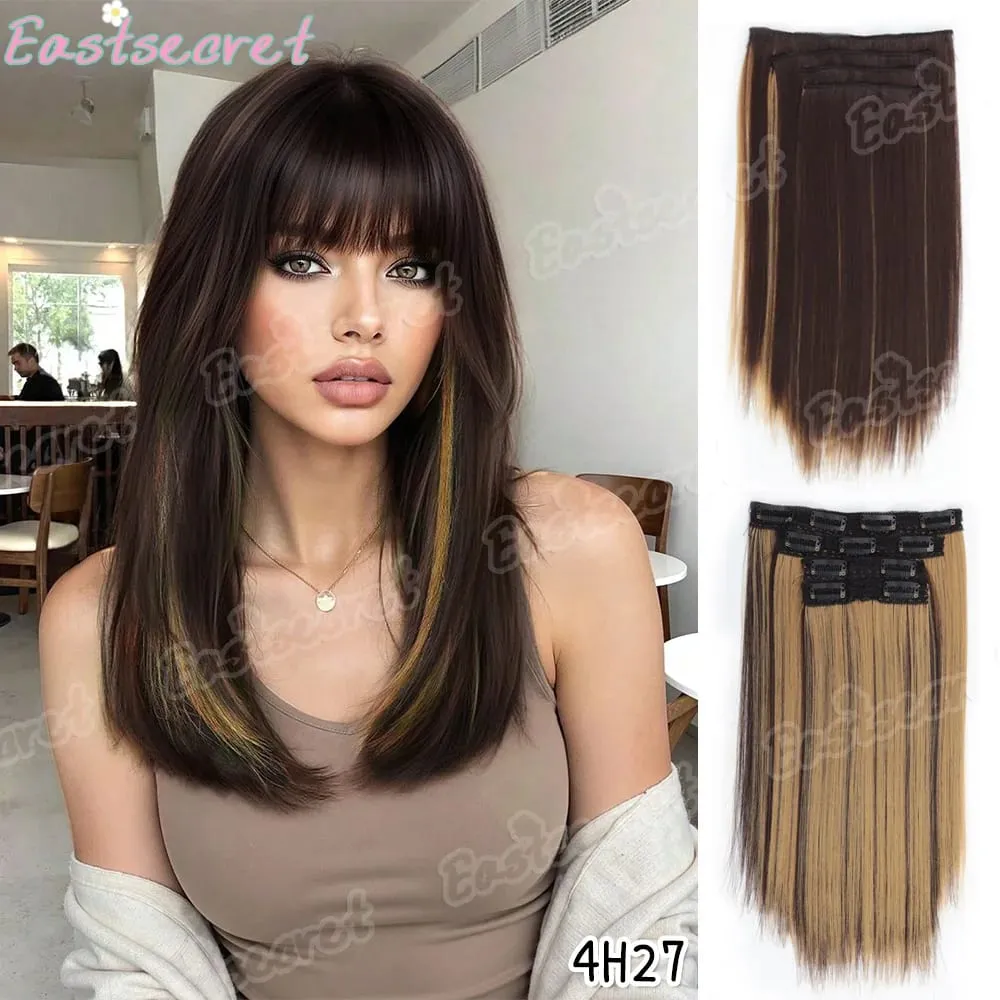 4pcs 14Inch Synthetic Clip-in Hair Extension Short Straight Soft Invisible Brown Blonde Hairpiece for Women