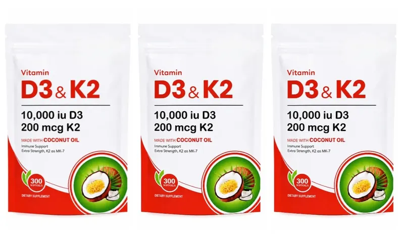 Vitamin D3 K2 Supplement 10 000 IU D3 200mcg K2 MK7 with Coconut Oil High Absorption Softgels for Bone & Immune Support 300Count