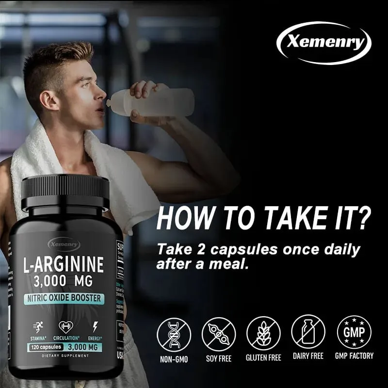 L-Arginine Capsules Supplement - for Energy Strength and Endurance Support During Exercise | Muscle Mass Non-Gmo