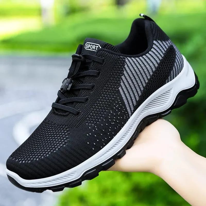 Men Breathable Mesh Knit Trainers Elastic Quick Lace Non Slip Thick Sole Outdoor Walking Sports Sneakers