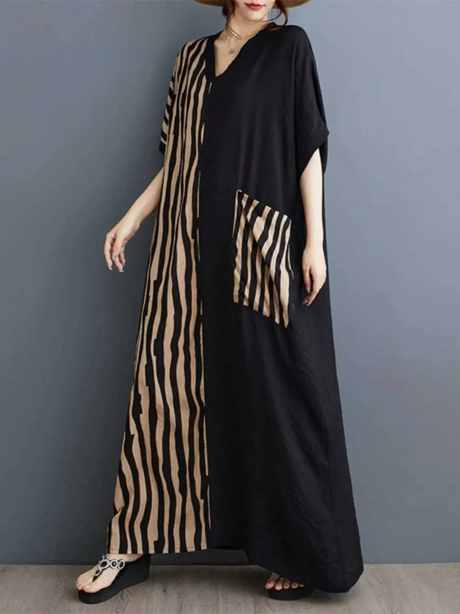 Long V-Ne ort Sve Printed Slimming Cotton Linen Dr Color Blo Casual Loose Fit Summer Faion plus Size Women