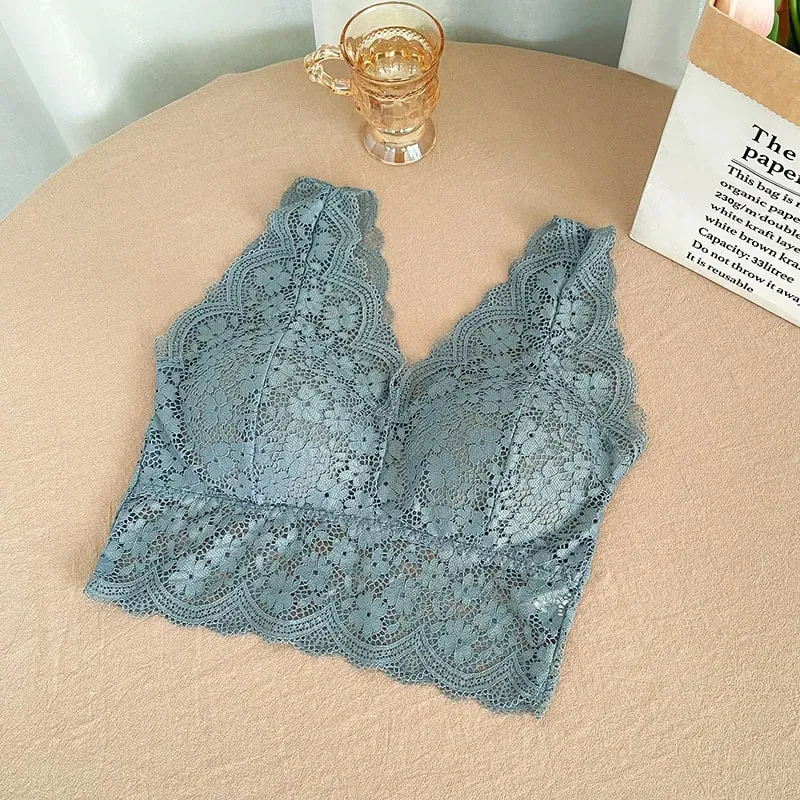 Reggiseno in pizzo Top con scollo a V profondo Bralette Reggiseno corto in pizzo da donna Lingerie sexy Reggiseno a canotta corto imbottito senza fili