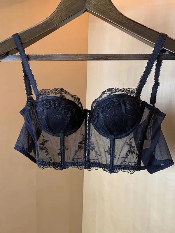 Vintage fransk halv kop broderi blonder longline korset bh sæt sexet push-up buste støtte forme lingeri 2 stk undertøj dragt
