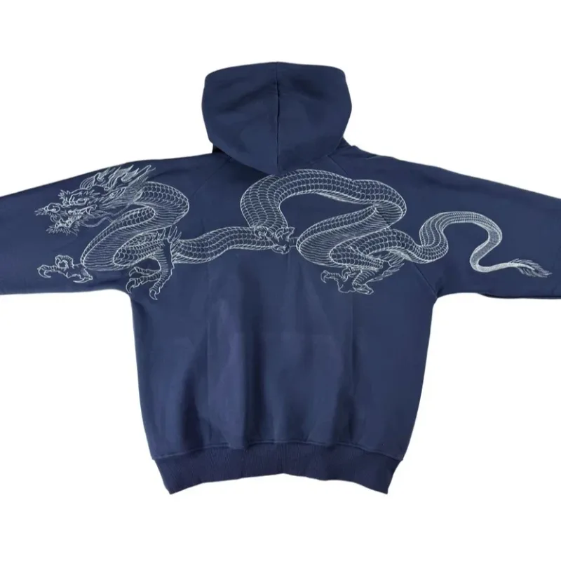 Lalaking Dragon Embroidered Hoodie Japanese Sukajan Style Fleece Lined Pullover Hooded Sweatshirt Loose Casual Streetwear Tops Bago