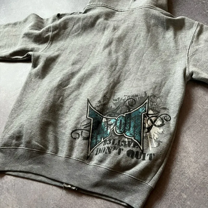 Streetwear Gray Zipper Hoodies Men Women Harajuku Retro Letter Graphic Printed Oversized Sweatshirt Y2K Gothic Autumn Clothing