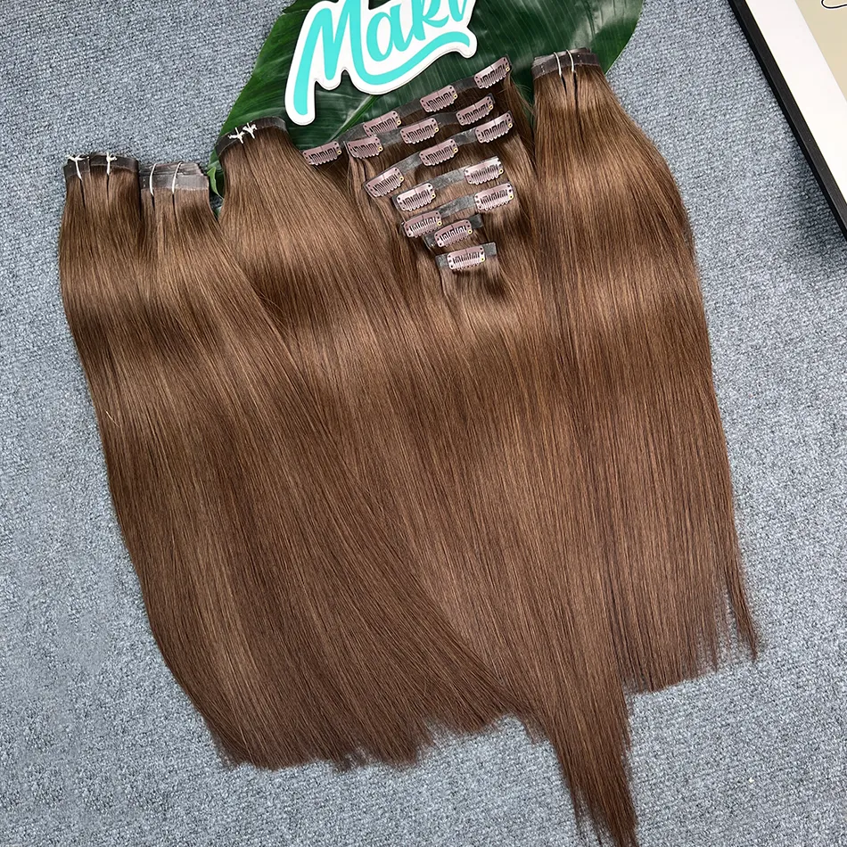 #2 Färg Rak Clip ins Human Hair Extensions 100 Gram 7 Styck/Set Seamless PU Weft Clips i vietnamesiska 100% Raw Virgin Hair