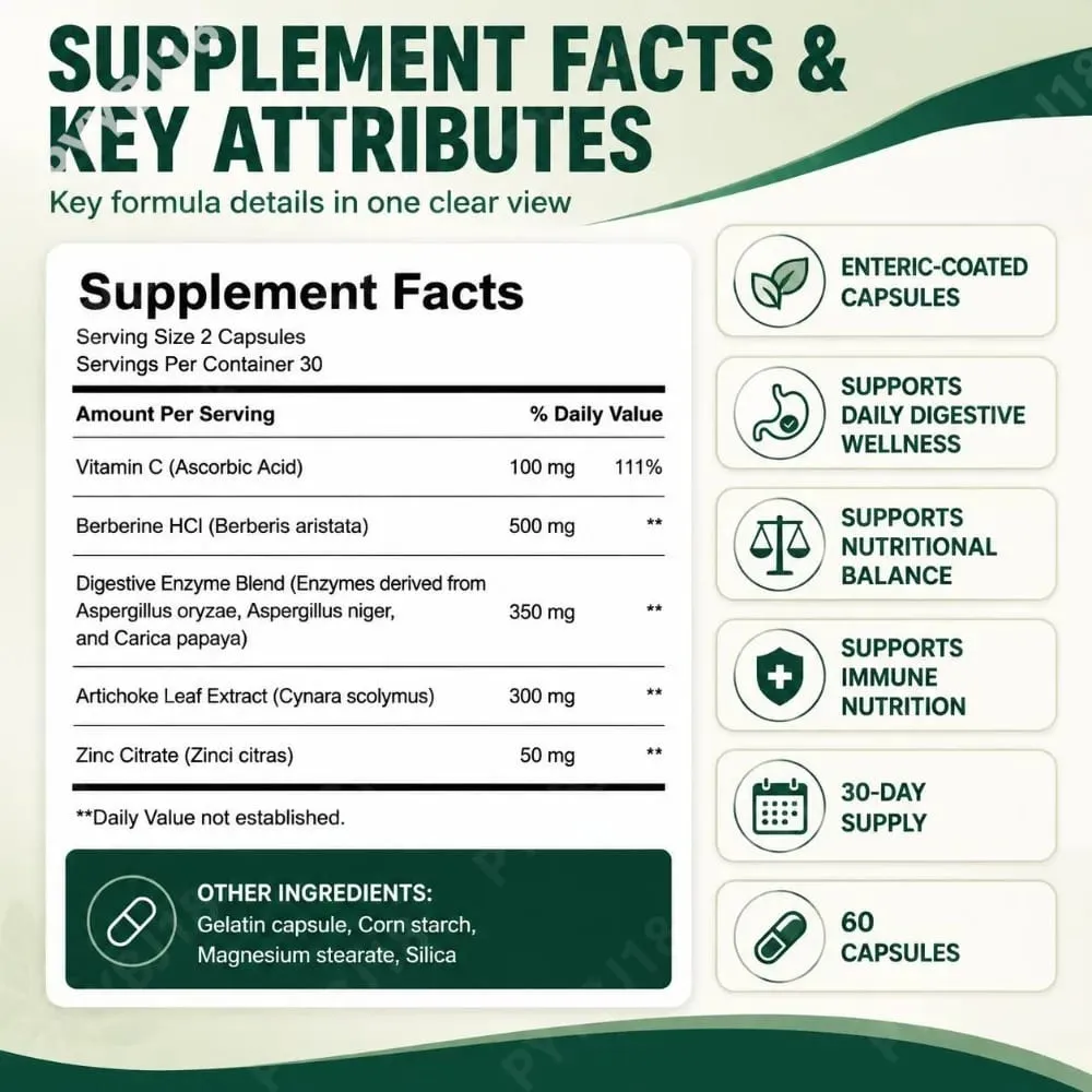 Docteat Gut Health Supplement Capsules with Berberine HCl Digestive Enzymes for Digestive Wellness & Immune Support 60 Capsules