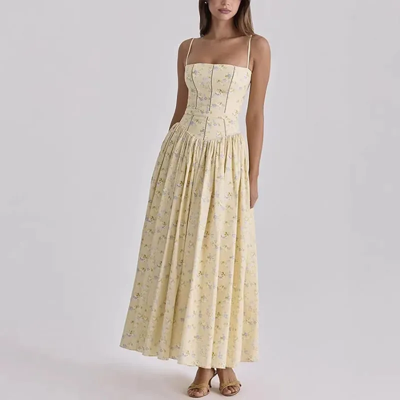 Floral Print Spaghetti Strap Maxi Dress Square Neck Corset Waist A-Line Elegant Dresses Casual 2026 Summer Vacation Chic Outfit
