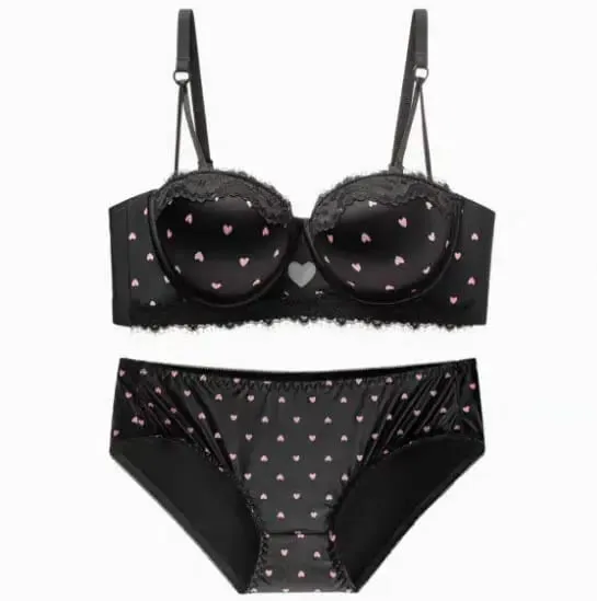 Kawaii Sweet Heart Lace Bra Panty Set Push Up Small Breast Side Collection Anti Sag Comfort Women Underwear Lingerie 32-38 Size