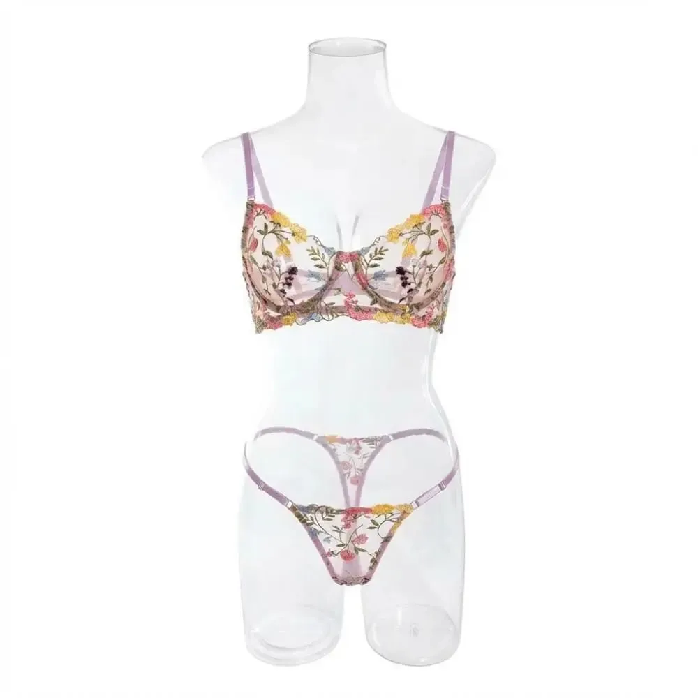 2-Piece Bohemia Floral Lingerie Set Sheer Embroidery Underwear Intimates Underwire Push-up Versatile Bra Panty Set For Lady Girl