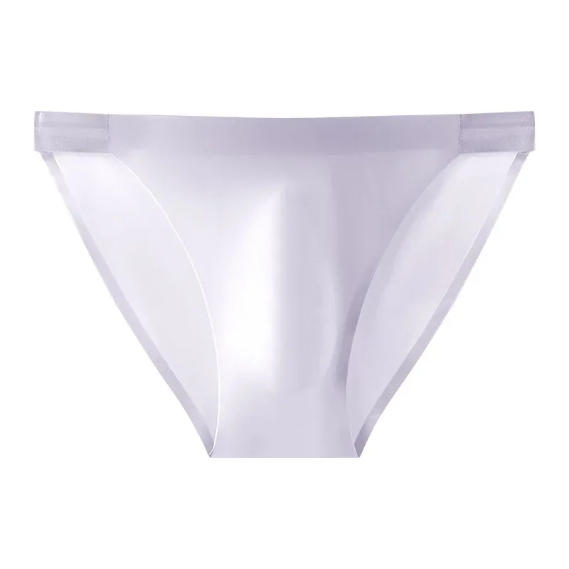 Satin Smooth Briefs Men Sexy Seemless Bulge Pouch Underwear High Stretch Thin Ice Silk Underpant Male Solid Mid Waist Panties