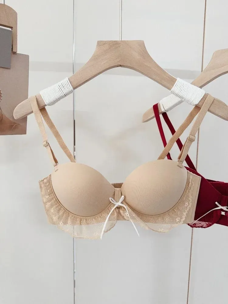 Set Bra Renda Separuh Piala Merah untuk Dada Kecil Sokongan Boleh Laras Anti-Kendur Tekan Ke Atas Set Pakaian Dalam Seksi Hadiah Hari Lahir Wanita — image 7