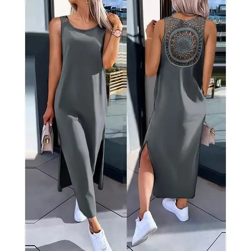 New Summer Casual Hollow Sexy Loose Dress Women Fashion Slit Sleeveless Party Dresses Women Round Neck Mid Length Ladies Dress