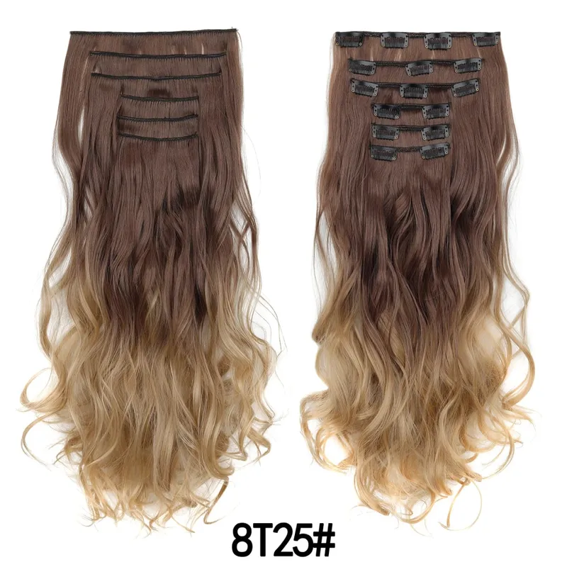 Clip in Hair Extension 6PCS Hairpiece 20Inch Long Wavy Synthetic Thick Double Weft Hair para sa Babae Gradient Color Pang-araw-araw na Paggamit