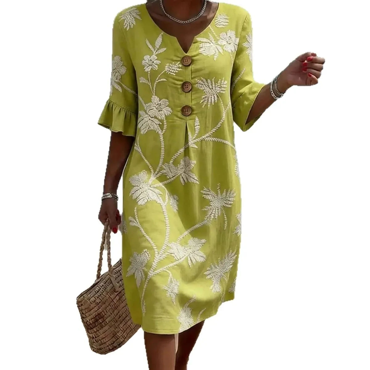 Summer Woman Dress V Neck Button Front Dresses Loose Fit Casual Dress Ruffle Sleeve Floral Dress Vine Pattern Women's Embroidery