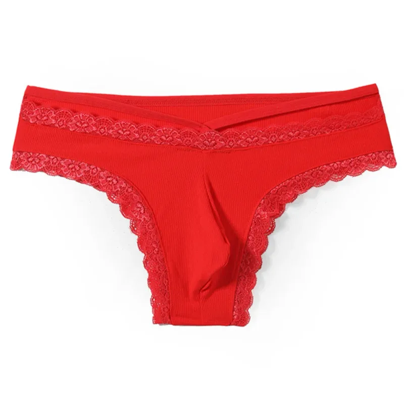 Men Lace Rrim Sissy Gay Seamless Briefs Underwear Mid Waist Bulge Pouch Lingerie Solid Men's Lace Edge Lingerie