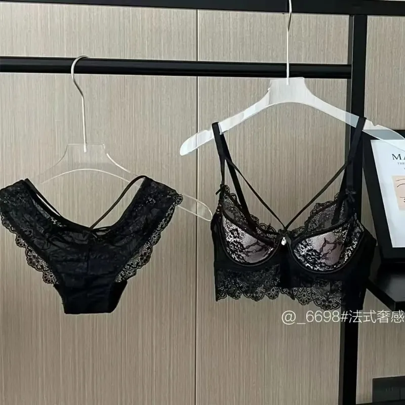 Sexy Lace Breathable Lingerie Set French-Style Small-Bust Support Bra Anti-Sagging & Side-Boob Control Soft Underwire Bra Set