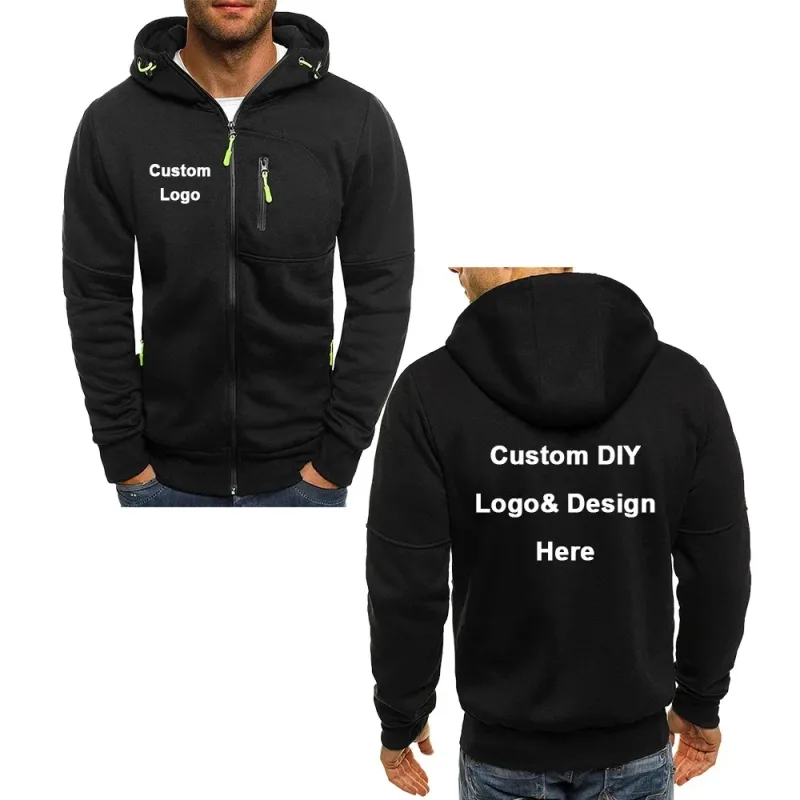 Men's hooded zipper jacket with pockets custom logo image text casual sports streetwear men's cardigan wool sweater fashion
