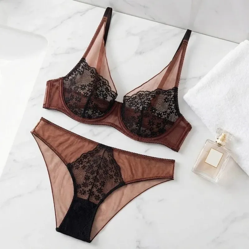 Mesh Lace Flower Bra Set Lingerie Underwear Push Up Bra Women Thin Seamless Mesh Bra Panties Kit Romantic Evenings