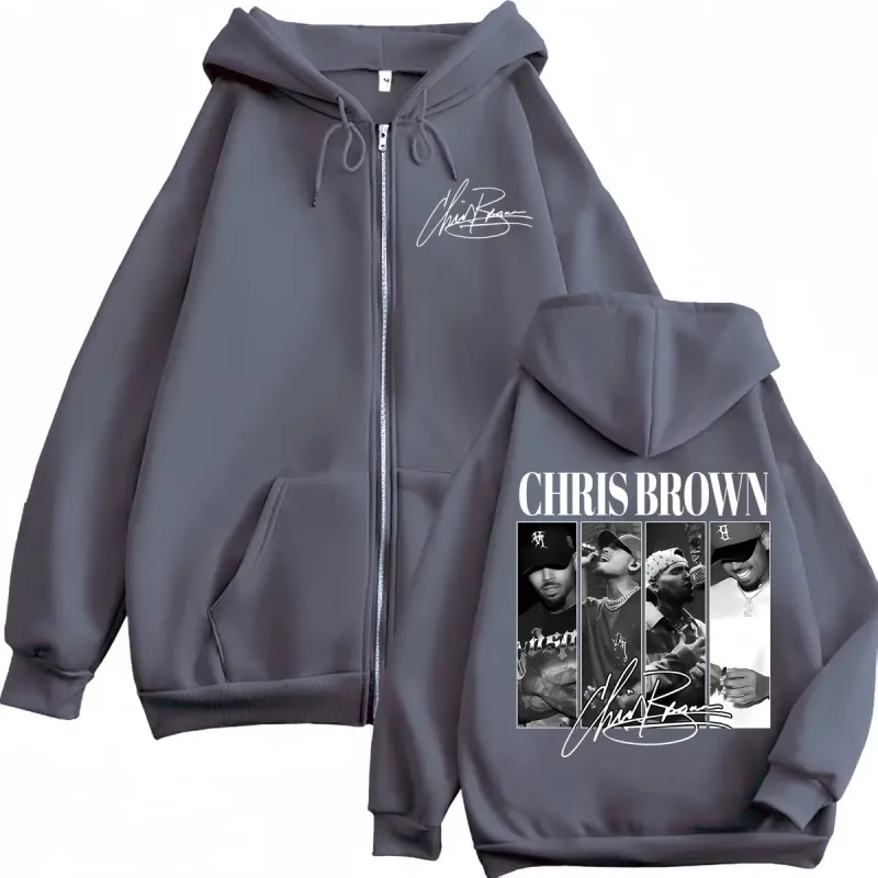Rapper Chris Brown Graphic Zipper Hoodies Men Women Vintage Fashion Zip Up Pullovers Harajuku Hip Hop Long Sleeve Sweatshirts