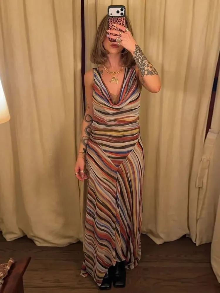 2026 Summer Colorful Stripe Long Dresses for Women Chic Sleeveless Female Midi Dress Fashion New Lady Vacation Beach Vestidos