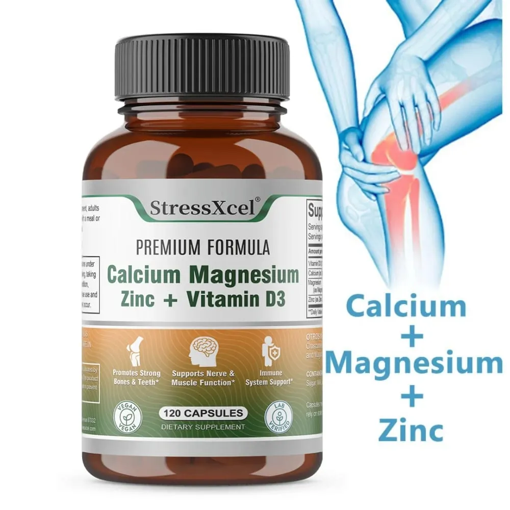 Calcium + Magnesium + Zinc + Vitamin D3 Capsules - Supports Bone and Nervous System Health and Improves Mood