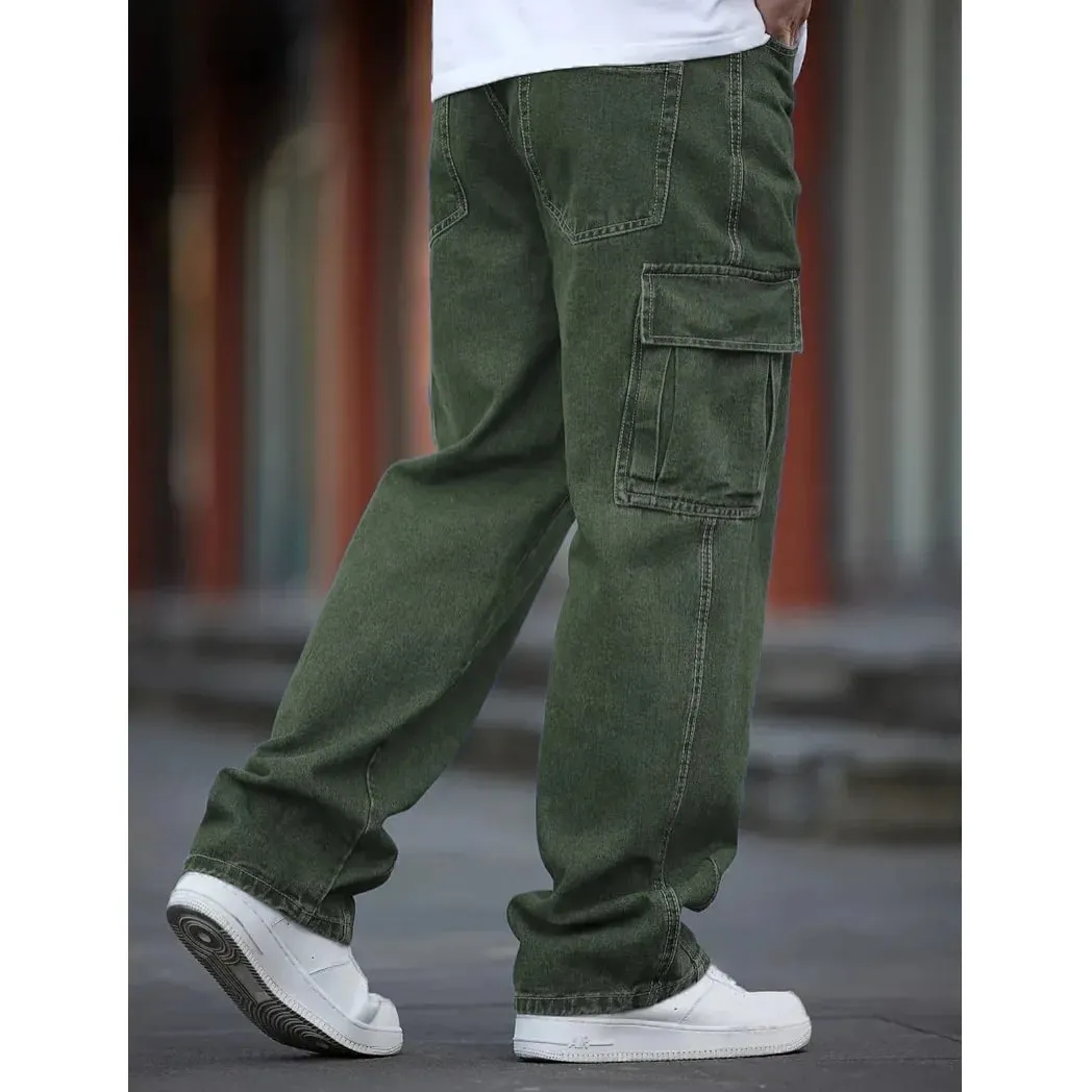 Men Baggy Cargo Jeans Retro Army Style Loose Fit Multi‑Pocket Denim Trousers Men's Casual Daily Outdoor Street Work Pants