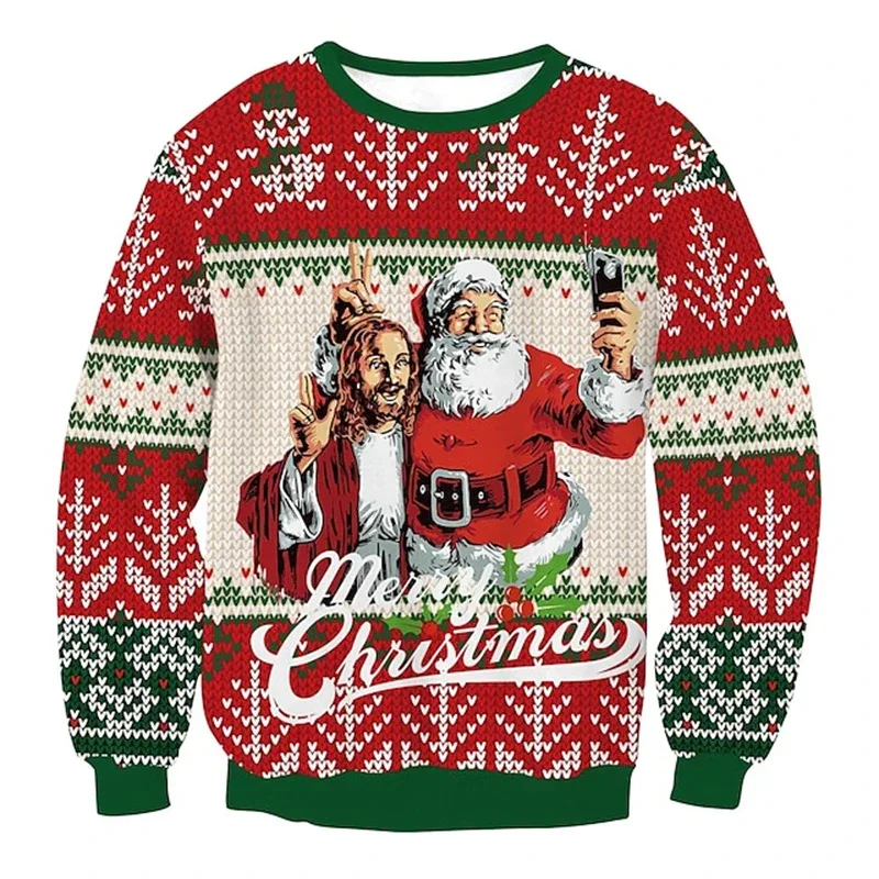Funny Santa Claus Pattern Ugly Christmas Sweatshirt Men New 3d Printed Xmas Party Crew Neck Long Sleeve Women New Year Hoodies