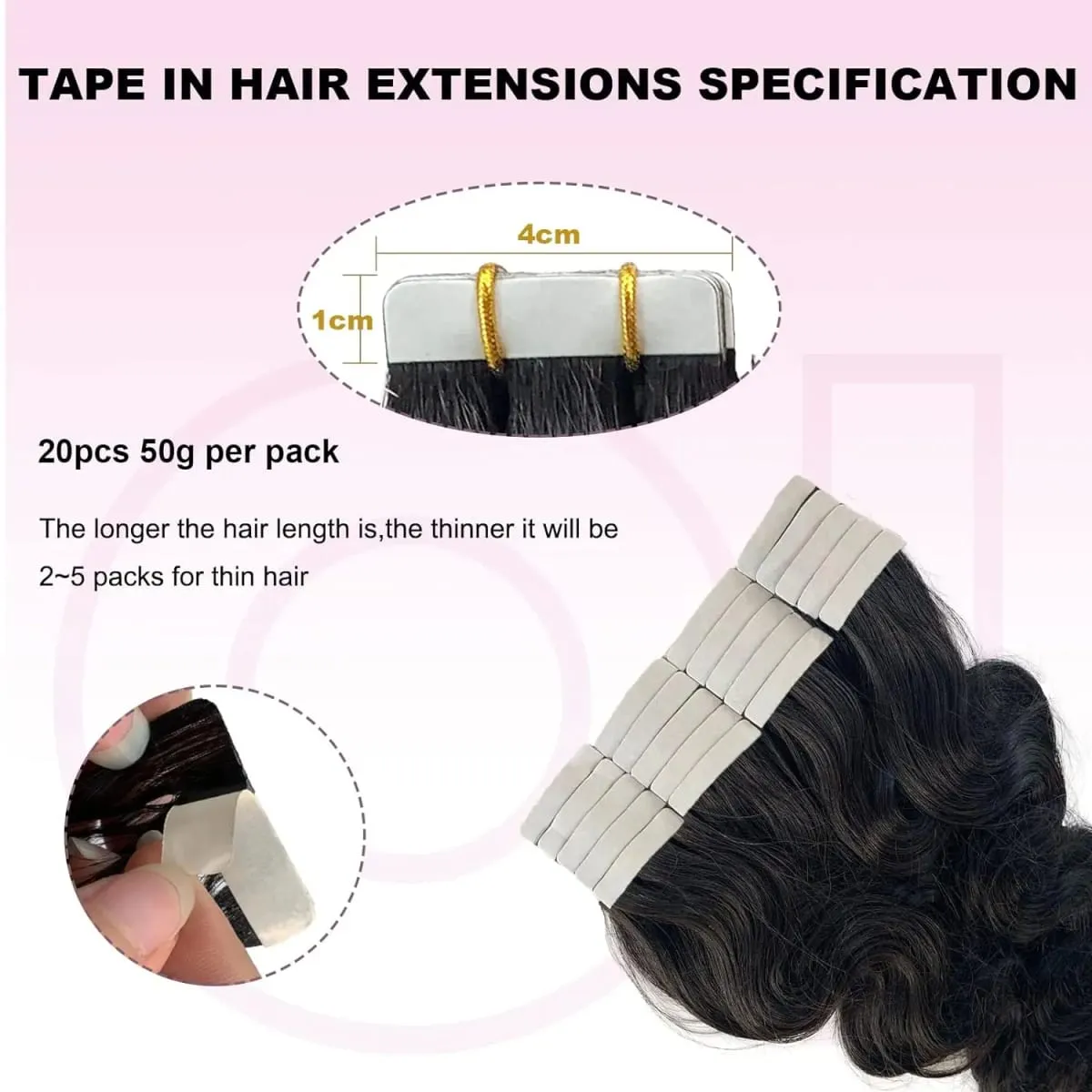 Body Wave Tape In Hair Extensions 100% Human Hair 20Pcs/50g Wavy Tape Ins Adhesive Replaceable Seamless Invisible Natural Black
