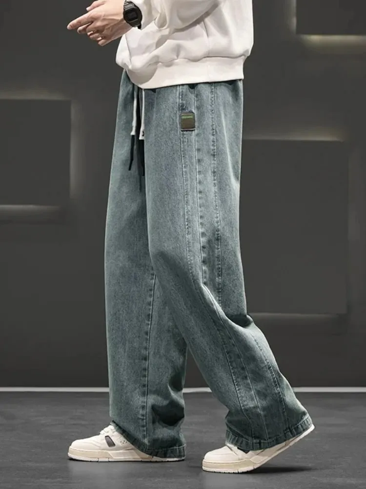 Spring New Wide Jeans Men Straight Vintage Drawstring Trousers Loose Pants Casual Solid Color Fashion Pants Big Size