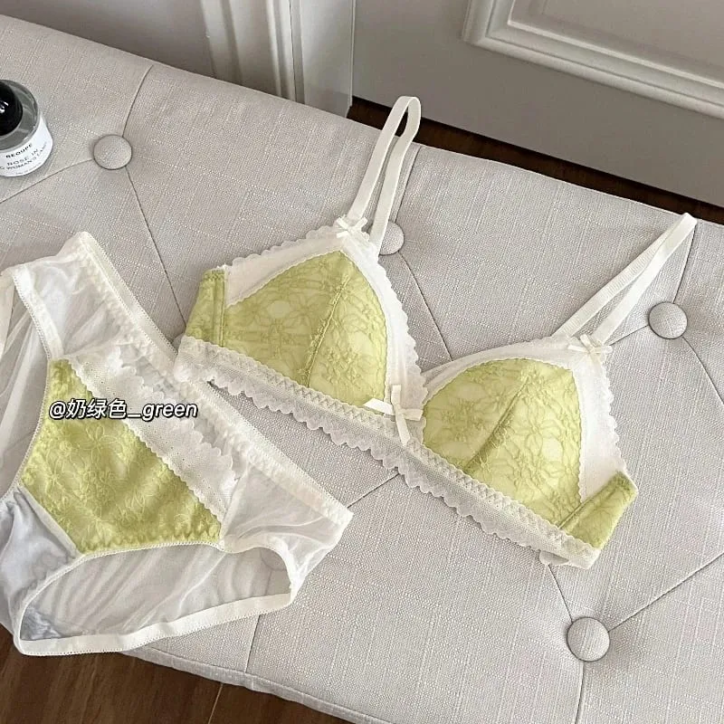 작은 가슴을위한 일본식 Bralette 무선 레이스 브래지어 세트 여성 섹시한 프랑스어 통기성 컴포트 속옷을 밀어