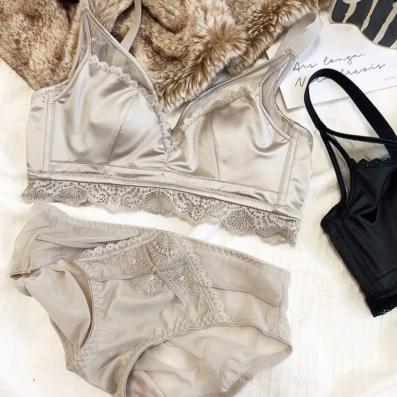 Size Thin Cotton Cup Intimates Lace Women Sexy Push Up Lingerie Sets Wireless Silky Satin Mesh Luxury Lady Underwear