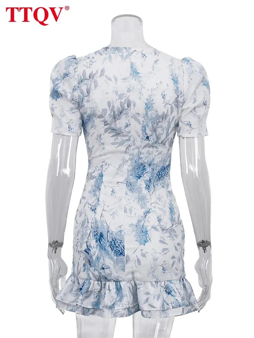 Sexy Slim Print Women's Dress 2026 Summer V-Neck Short Sleeve Mini Dresses Elegant Classic Ruffles Female Dress Streetwear