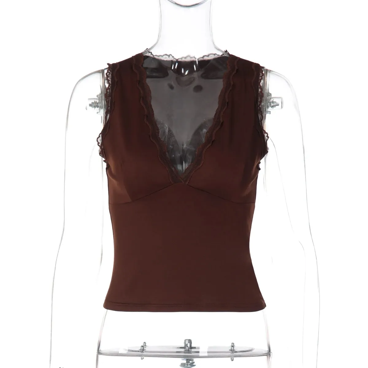 Hugcitar Women'S Fashion V Neck Patchwork Lace Sexy Slim Crop Tank Top Summer Female Clothes Streetwear Vacation Night Club