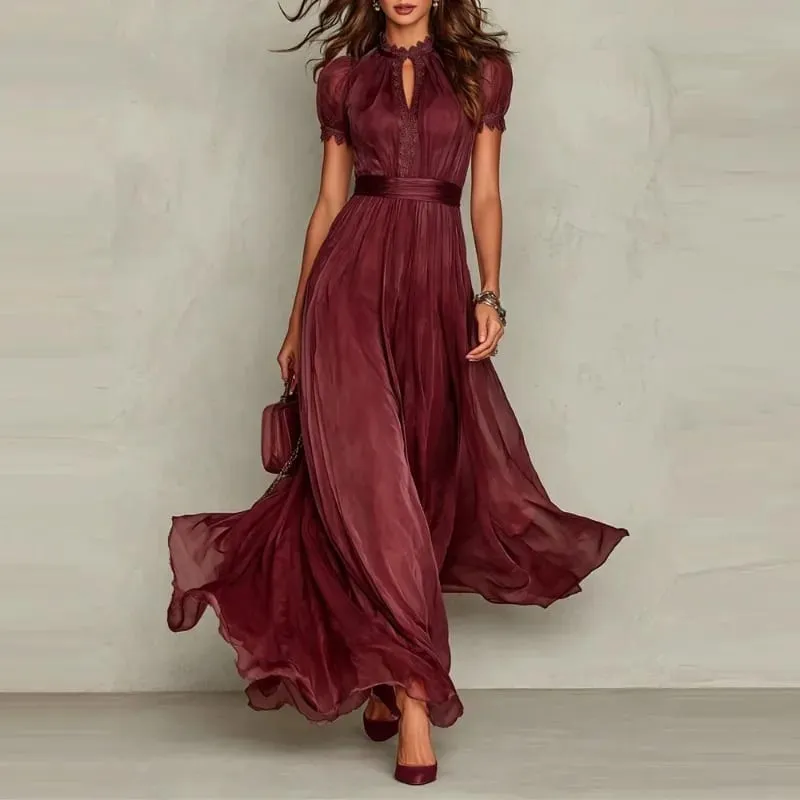 Elegant Chiffon Lace Trim Midi Dress Stand Collar Neck Puff Sleeve Cinched Waist Draped A Line Flowy Women's Casual Dresses