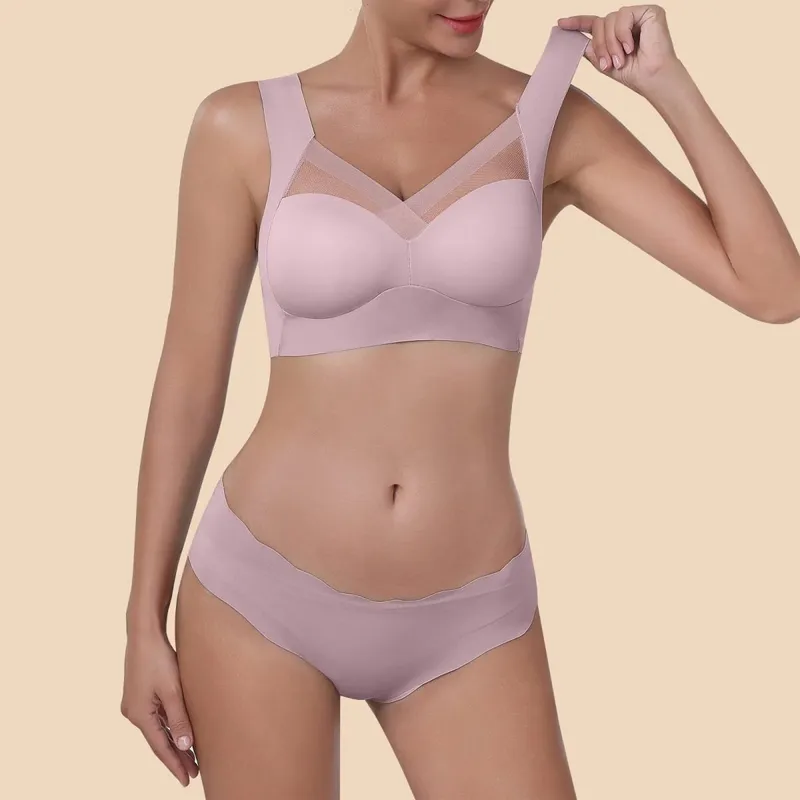 Women Seamless Underwear Set Wireless Ice Silk Thin Back Beauty T Shirt Bra And Smooth Panty Set Solid Color Lingerie Suits