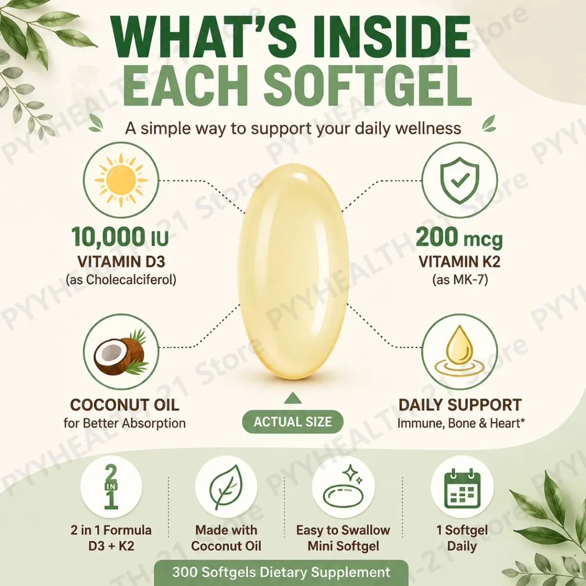 Vitamin D3 10000 IU K2 MK-7 200 mcg Softgels with Coconut Oil 2 in 1 Supports Strong Bones Immune Function Heart Health 300 Ct