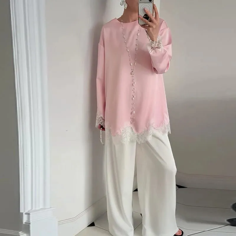 Casual Satin Lace Patchwork Dress Women Long Sleeve O-neck 2026 Spring Female Dresses Casual Solid Beach Robe not contain pearls