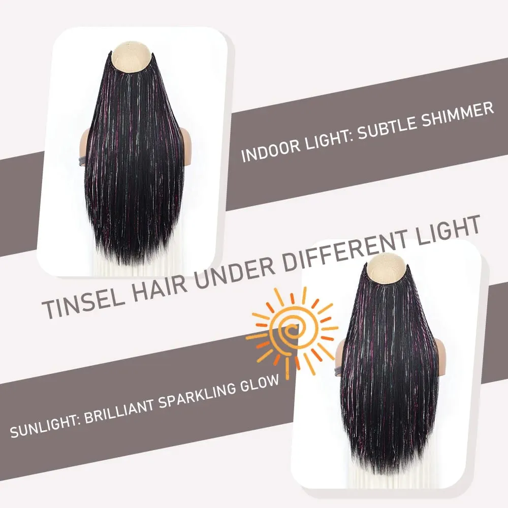 24Inch Synthetic Long Straight Clip‑in Hair Extensions Sparkling Tinsel Hair High‑Temp Fiber Hairpiece for Women Party Cosplay