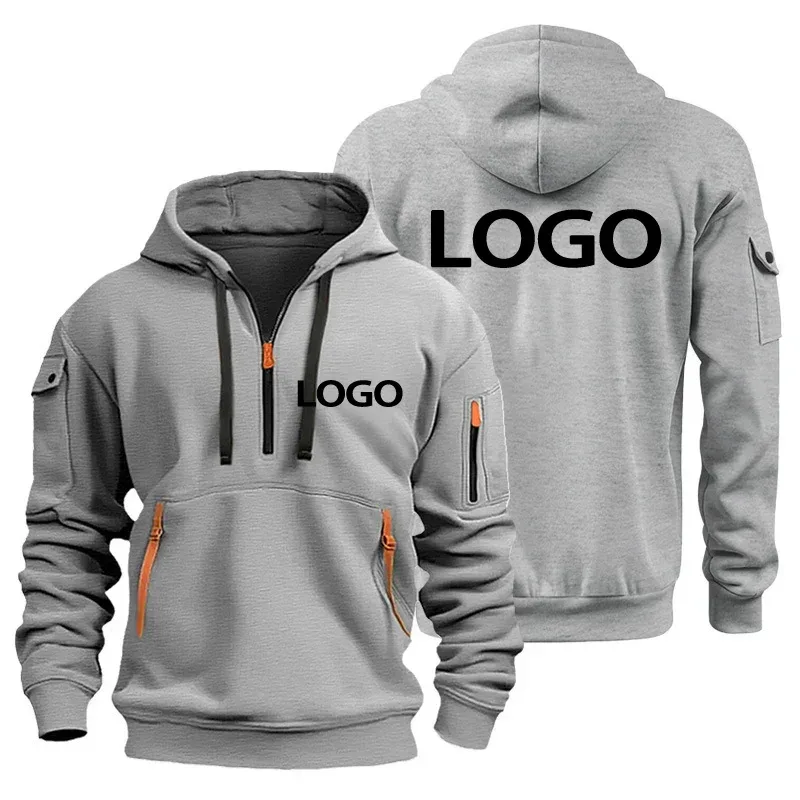 Neuer europäischer Herren-Sportpullover mit Reißverschluss und Armtaschen. Passen Sie Ihren Logo-Kapuzenpullover an und bedecken Sie ihn