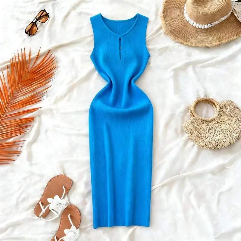 Women's Solid Summer Blue Pink Midi Dress Sleeveless Stretchy Knit Ribbed Keyhole Cutout Bodycon Sundress Party Vacation Dress