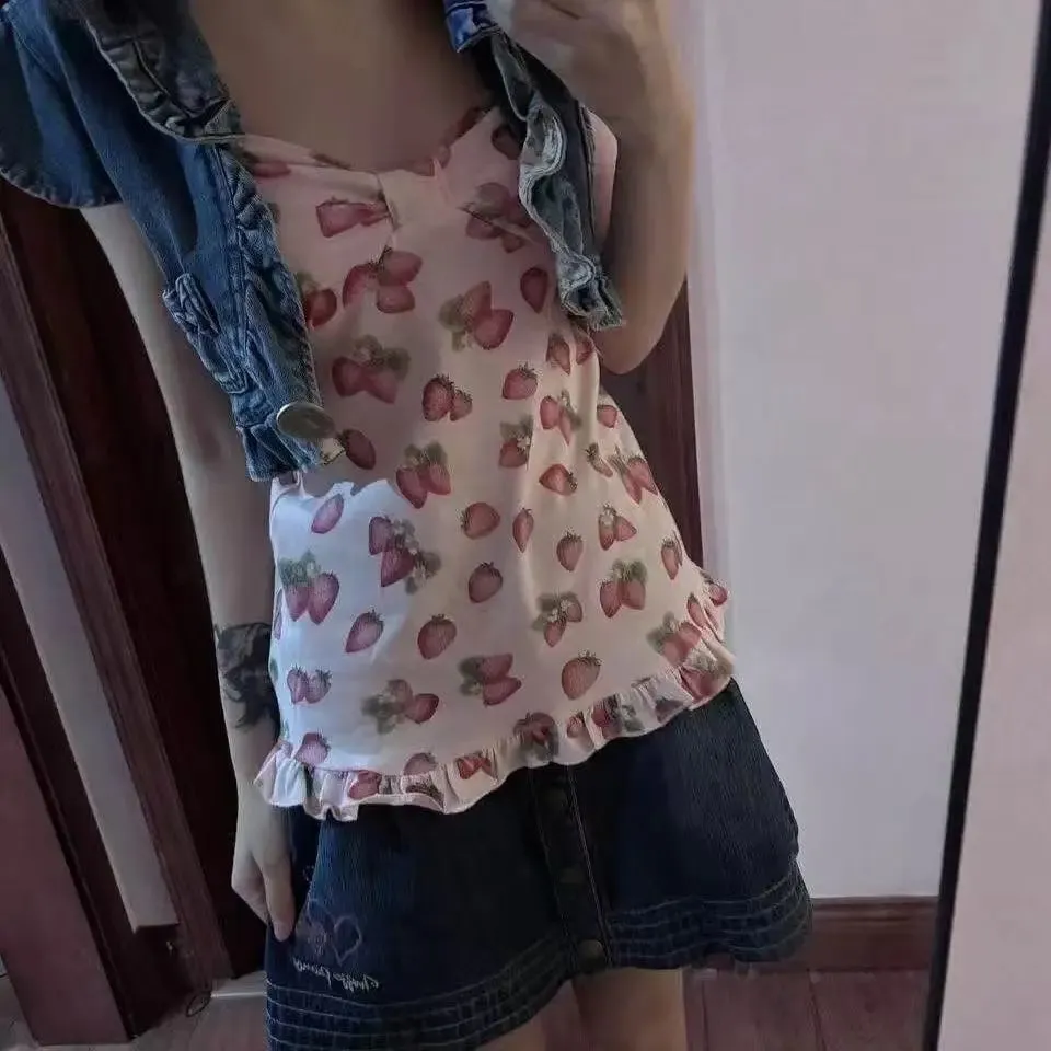 Cute Women Spaghetti Strap Tank Top Strawberry Pattern Bow Ornament Ruffle Hem Slim Sweet Cottagecore Daily Cami Top