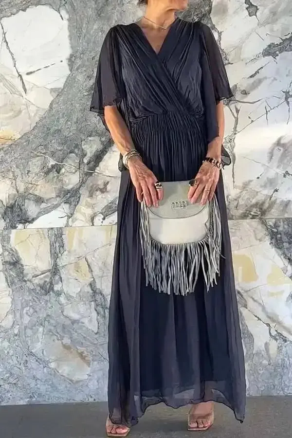 Stylish Elegant Chiffon Casual Solid Lace Up Dress Women V-Neck Bat Sleeves Irregulares Midi Dresses Summer Resort Wear