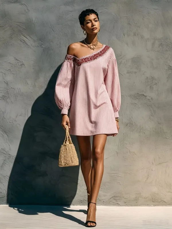 Loose Simple Dress With Stripes Fashionable Autumn Winter Street Style Long Sleeved Embroidered Shoulder Length Short Dresses
